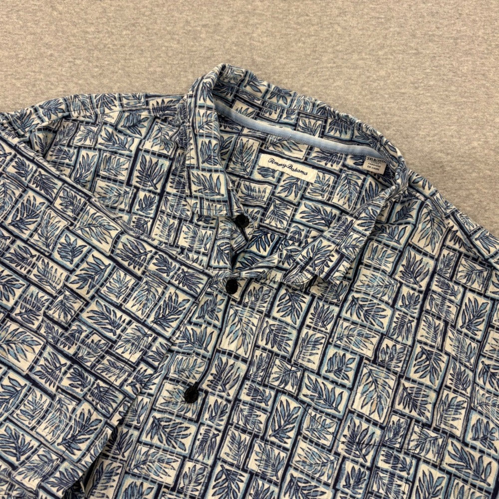 Tommy Bahama Mens Size 3XL Blue White Leaf Block Print Cotton Silk Camp Shirt